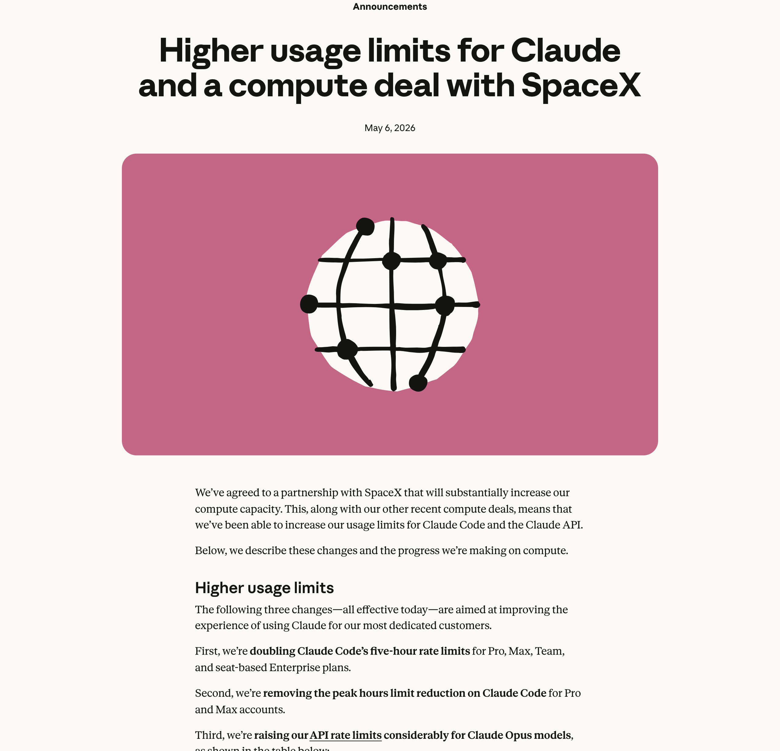 Anthropic's announcement, "Higher usage limits for Claude and a compute deal with SpaceX."