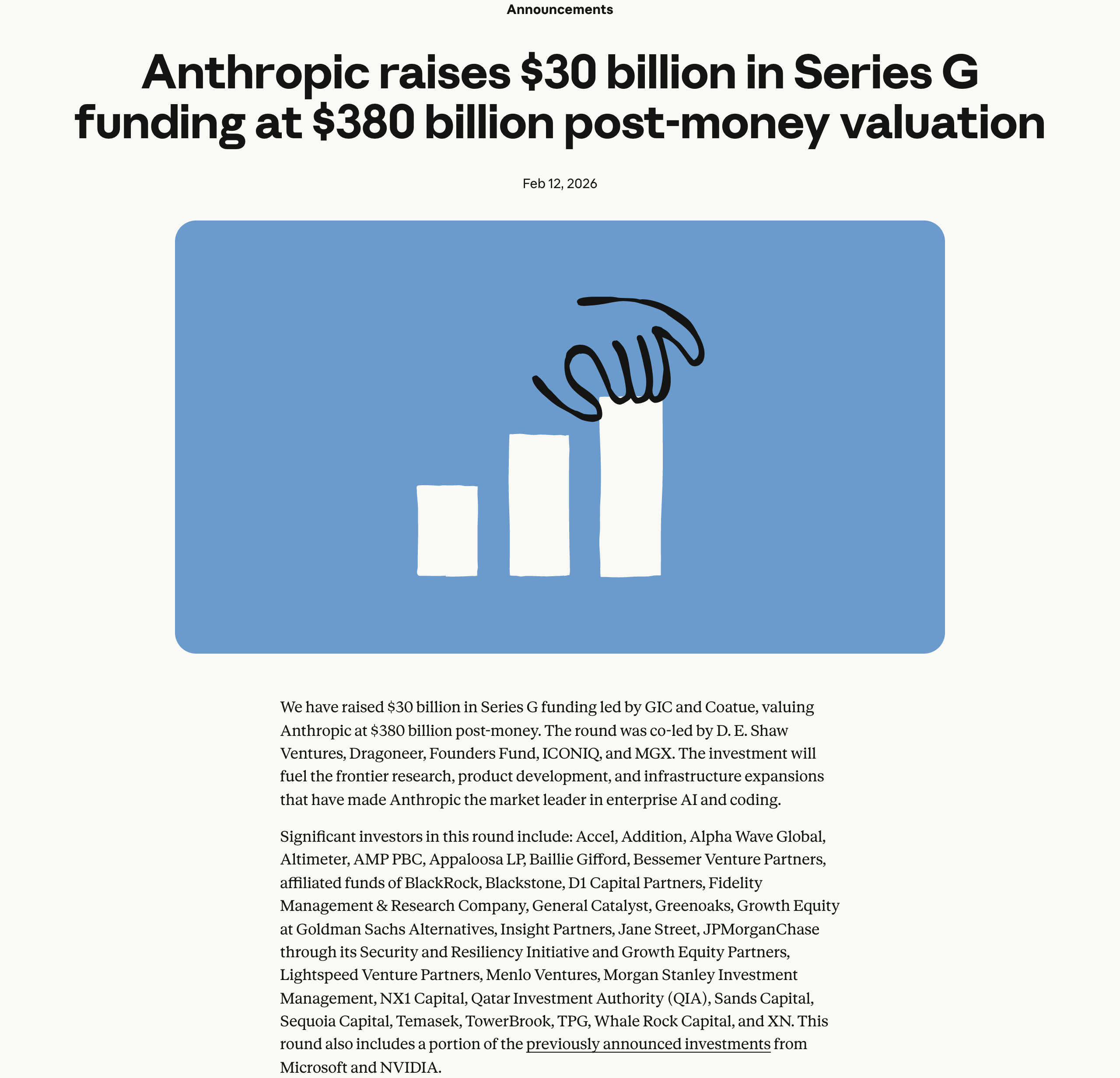 Anthropic's earlier Series G announcement — already eclipsed by the new round.