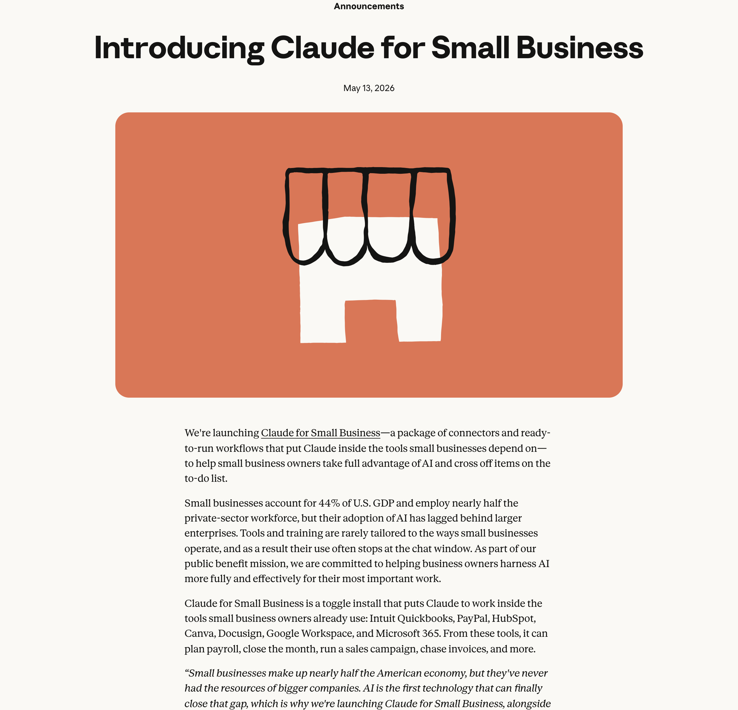 "Introducing Claude for Small Business" — Anthropic's new SMB push.
