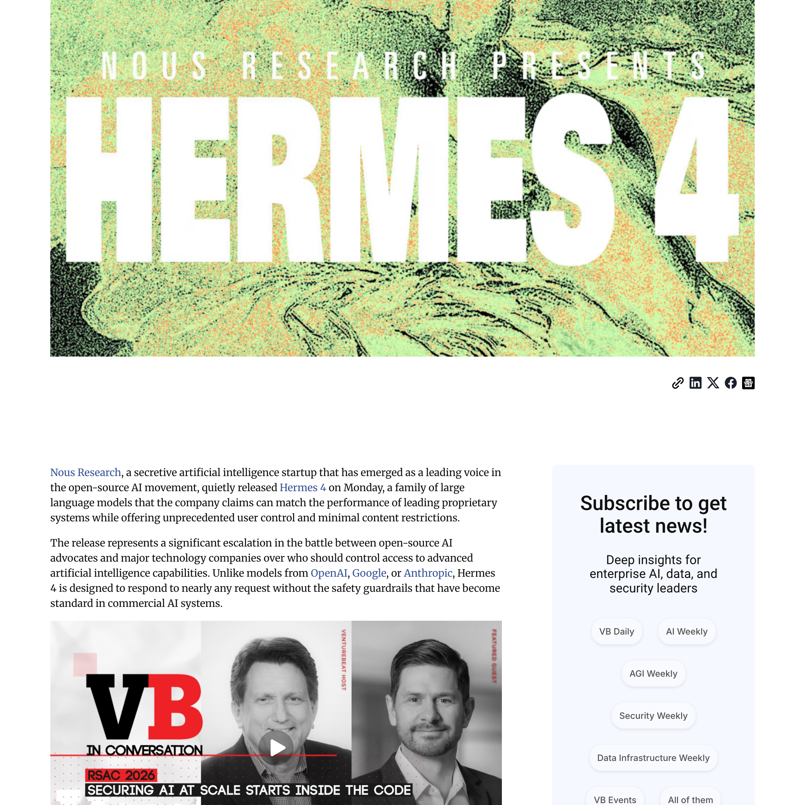 "Hermes 4" — Nous Research's open-weights model, in three sizes up to 405 billion parameters.