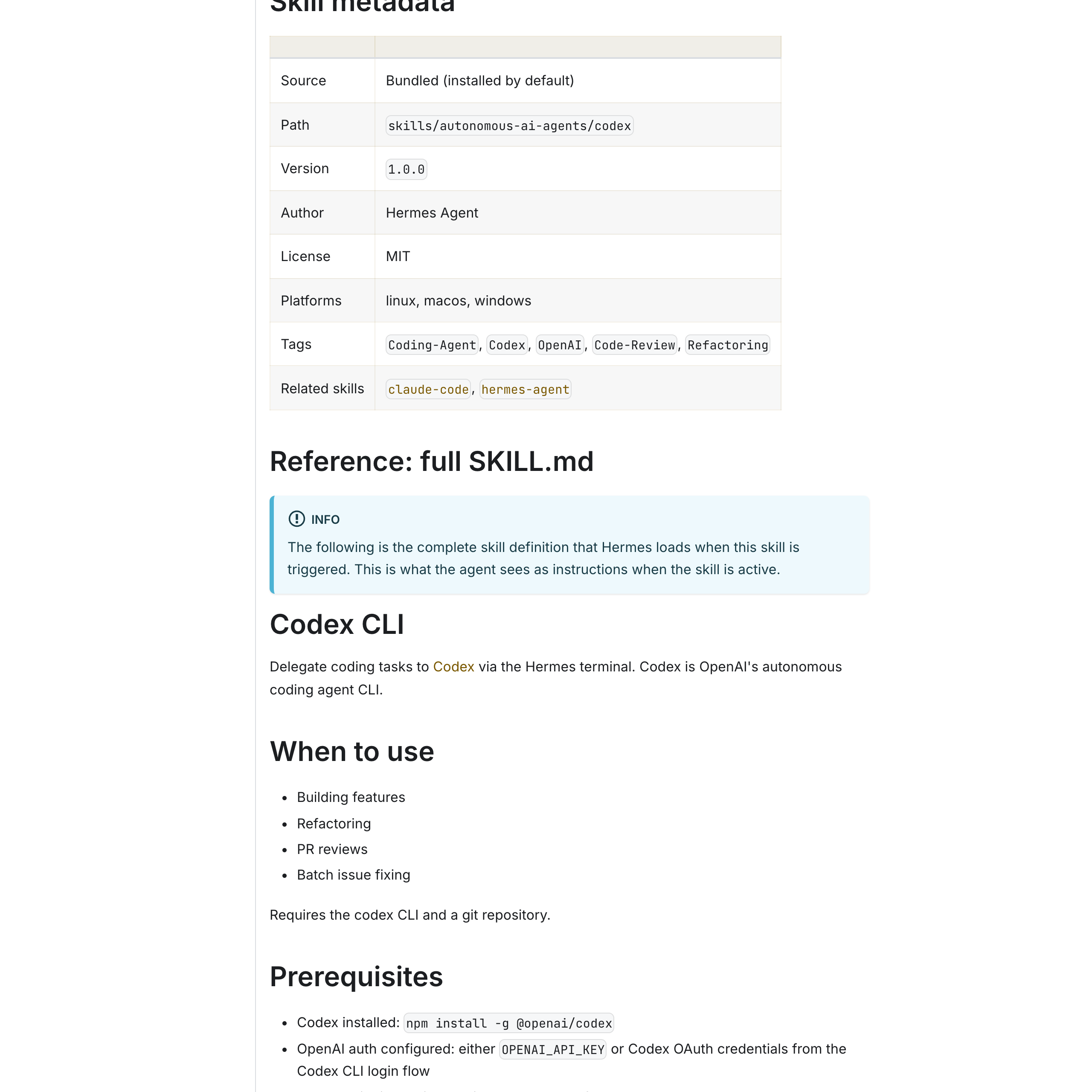 The Codex skill's metadata — bundled with Hermes, distributed under the MIT licence.