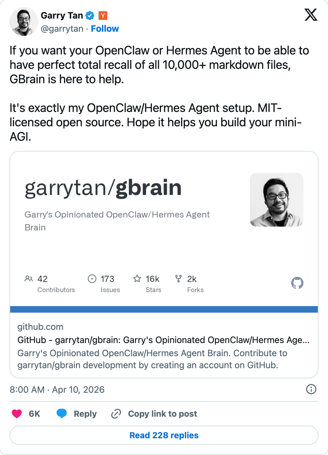 Mr. Tan announcing "GBrain" on X — the system, he writes, is "exactly my OpenClaw/Hermes Agent setup."