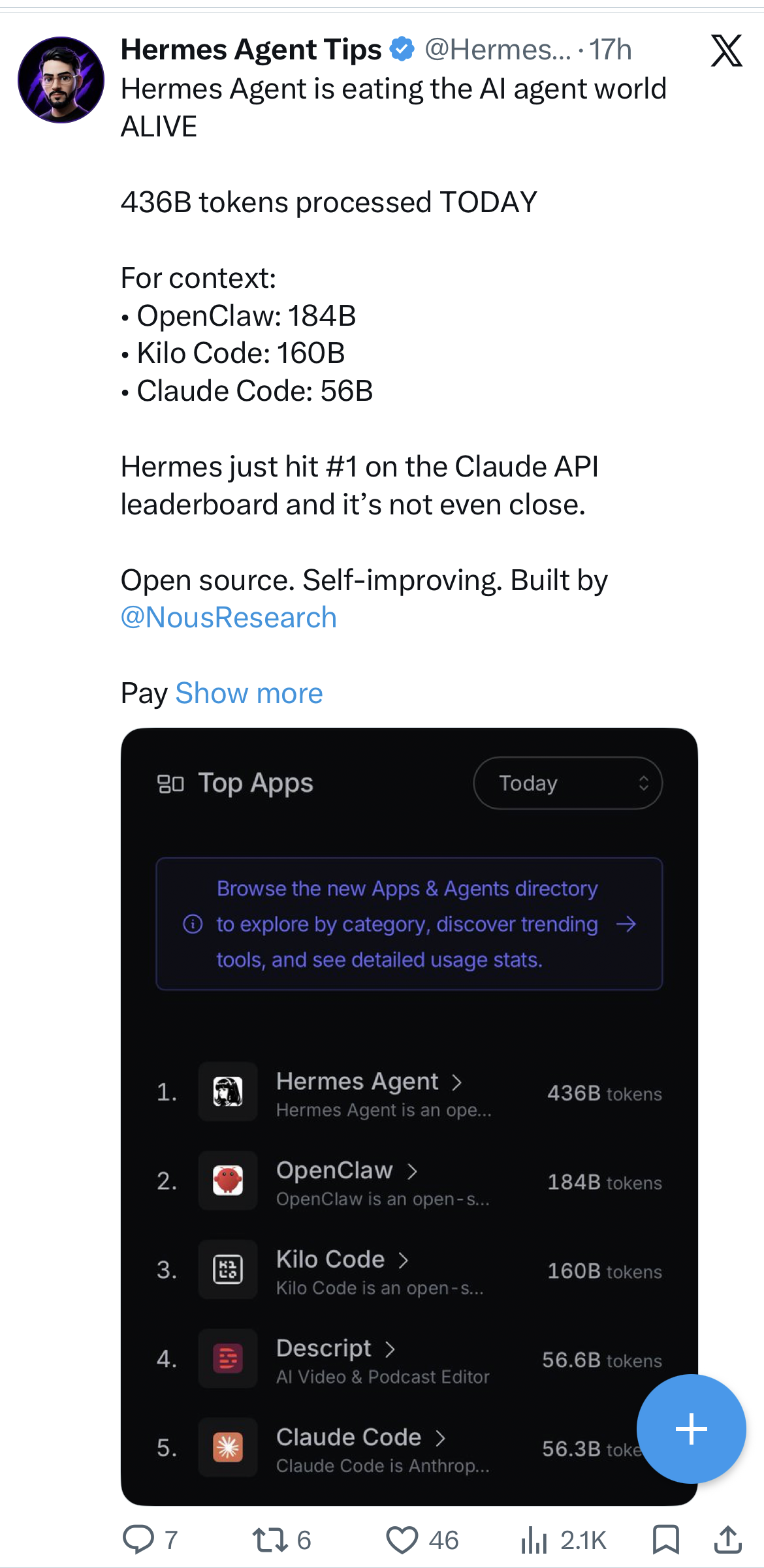 Hermes Agent Tips on X, sharing OpenRouter's Top Apps leaderboard.