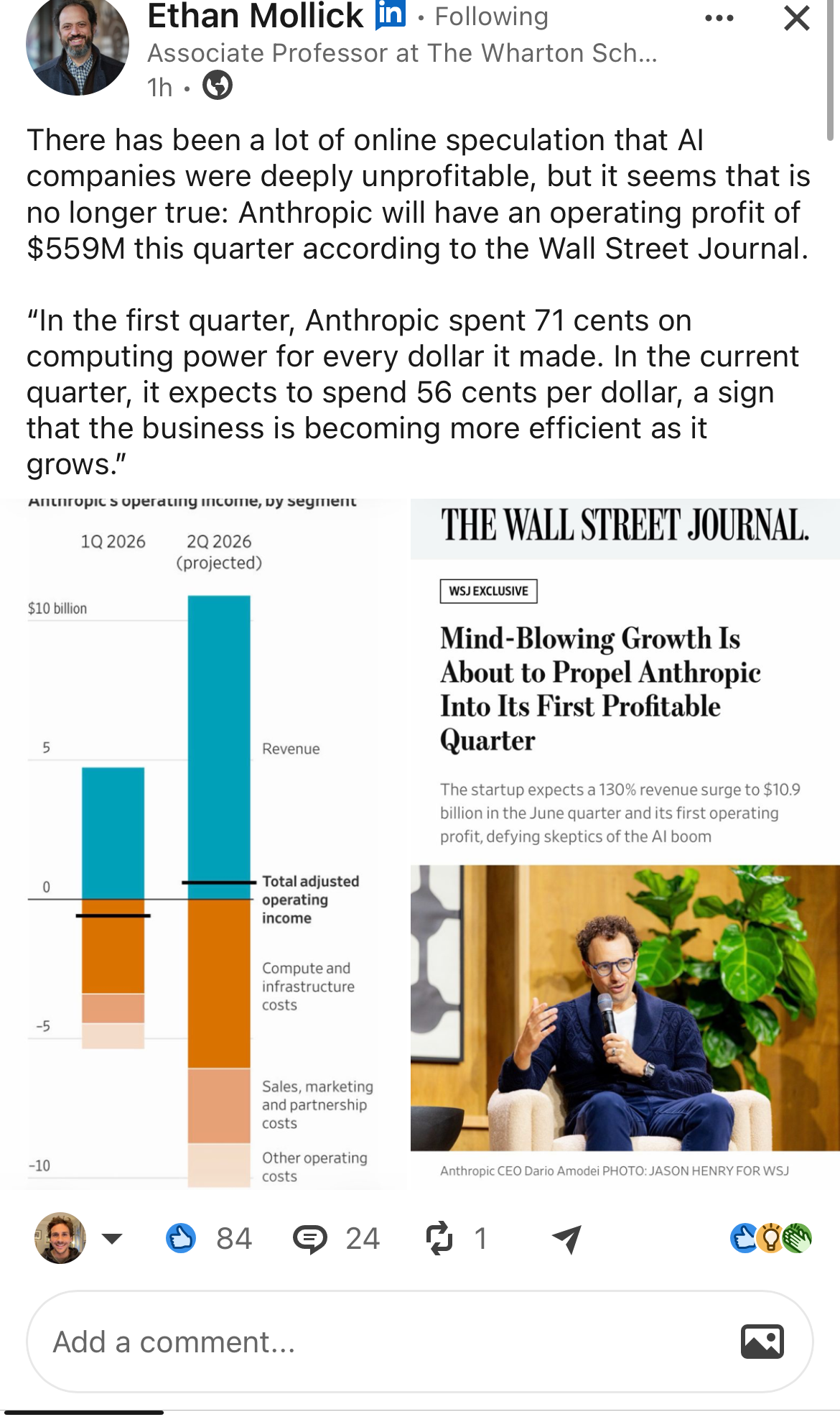Ethan Mollick on LinkedIn, sharing the WSJ scoop: "Mind-Blowing Growth Is About to Propel Anthropic Into Its First Profitable Quarter."