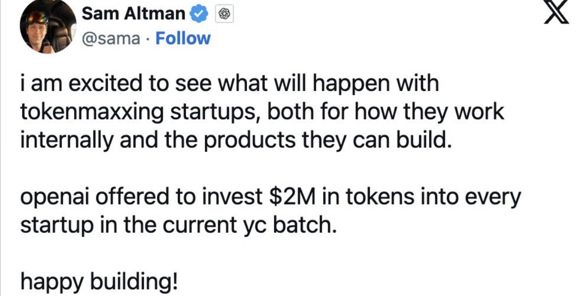 @sama on X: "openai offered to invest $2M in tokens into every startup in the current yc batch. happy building!"
