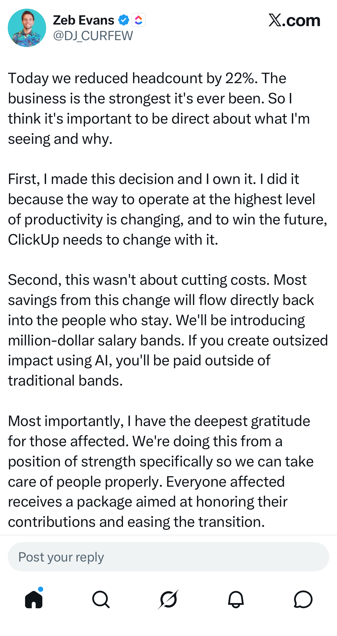 Zeb Evans (@DJ_CURFEW) on X: "Today we reduced headcount by 22% … We'll be introducing million-dollar salary bands."