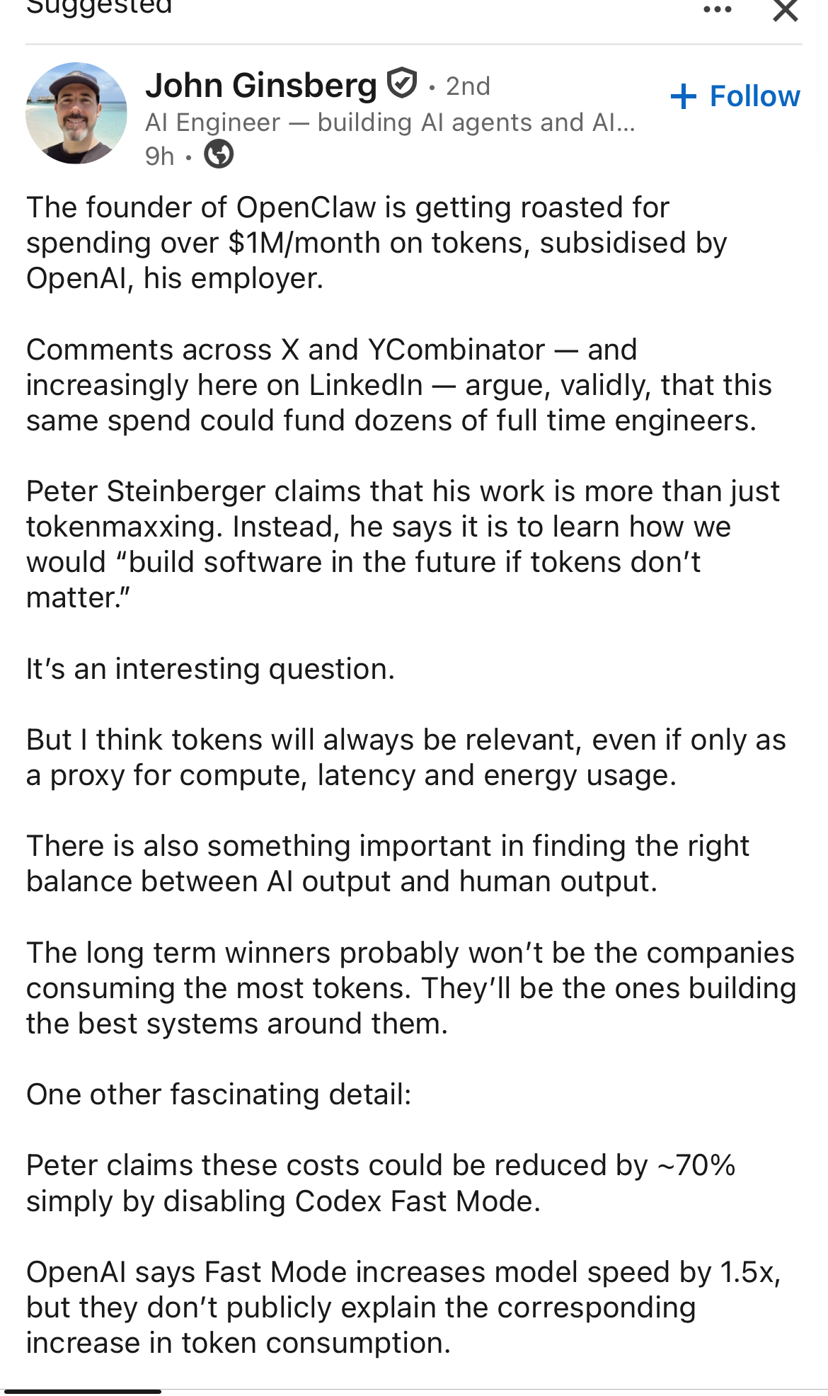 John Ginsberg on LinkedIn: "The founder of OpenClaw is getting roasted for spending over $1M/month on tokens, subsidised by OpenAI, his employer."